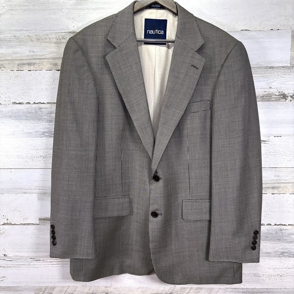 Nautica Mens Black & Ivory Houndstooth 100% Wool 2 Button Summer Suit Jacket 43R - Picture 1 of 8